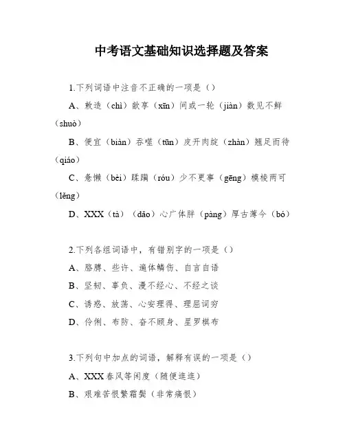 中考语文基础知识选择题及答案