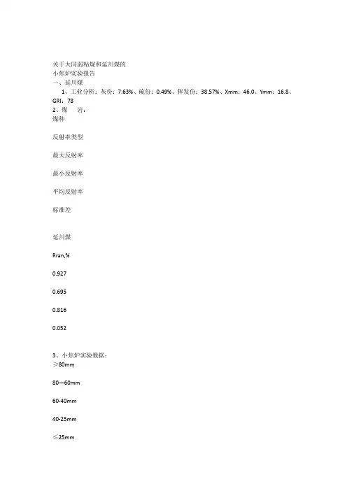 大同弱粘煤延川煤小焦炉实验报告