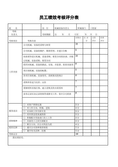 XX建筑公司机械设备负责人绩效考核评分表