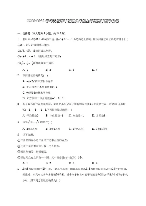2020-2021学年青岛市市南区八年级上学期期末数学试卷(含答案解析)