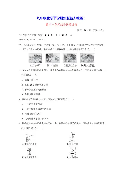 安徽省九年级化学下册第十一单元盐化肥综合素质评价新版新人教版(含答案)