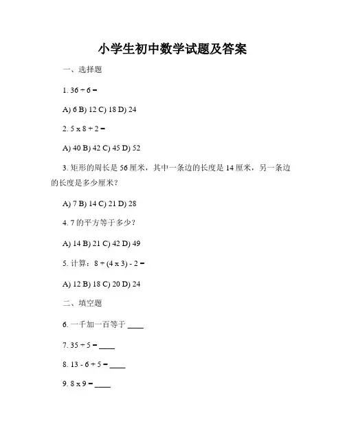 小学生初中数学试题及答案
