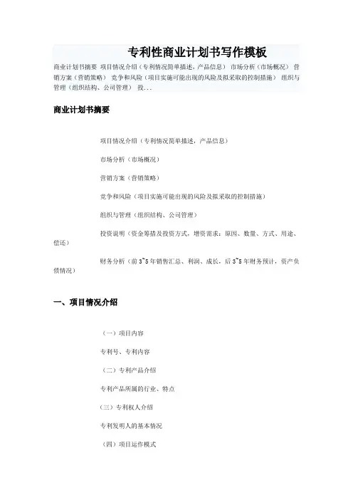 专利性商业计划书写作模板