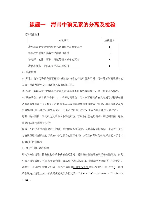 高中化学 专题1 物质的分离与提纯 课题一 海带中碘元素的分离及检验