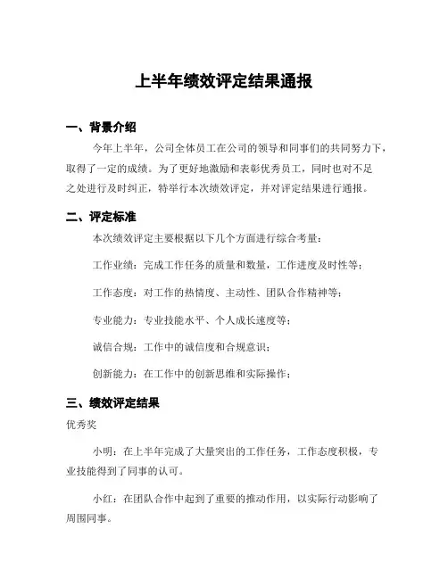 上半年绩效评定结果通报