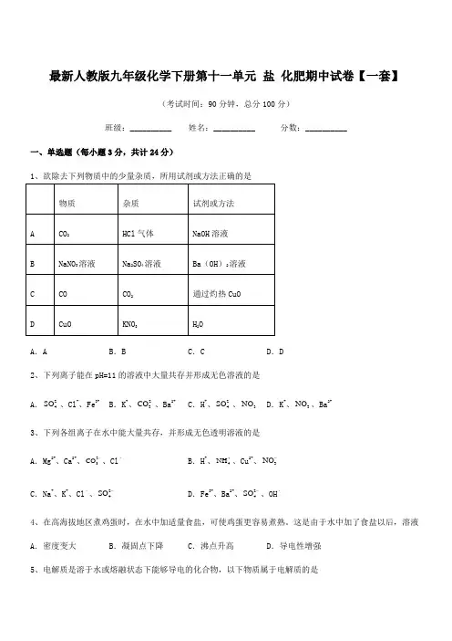 2021学年最新人教版九年级化学下册第十一单元 盐 化肥期中试卷【一套】