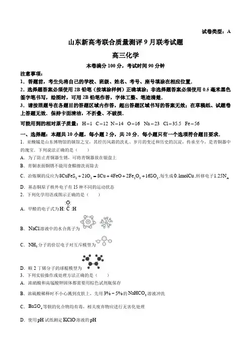 山东省新高考质量测评2025届高三上学期9月联考化学试题(含答案)