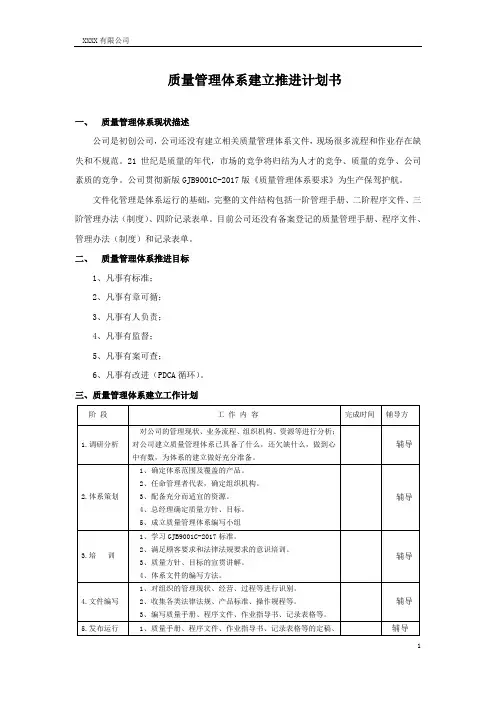 最全质量的管理体系建立推进计划书完整版.doc
