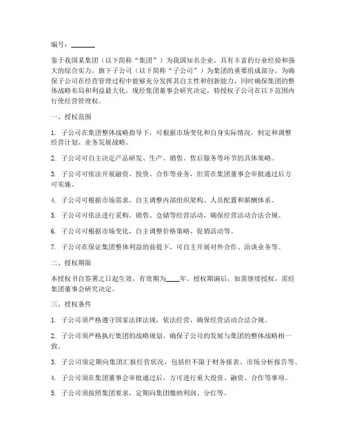 集团对子公司的授权书