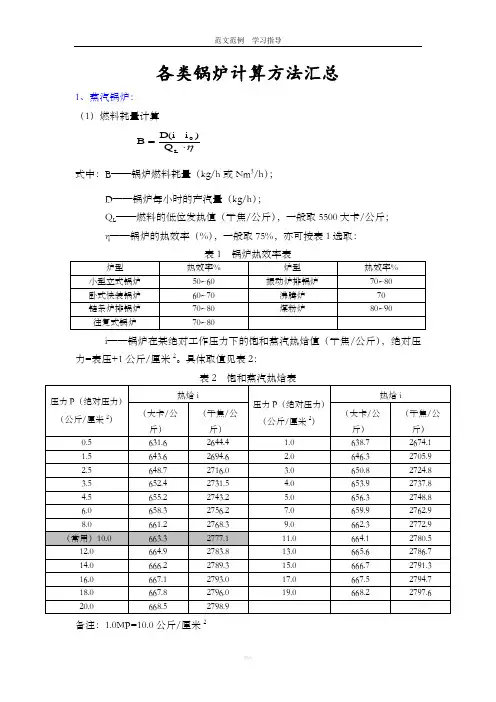 各类锅炉计算方法汇总