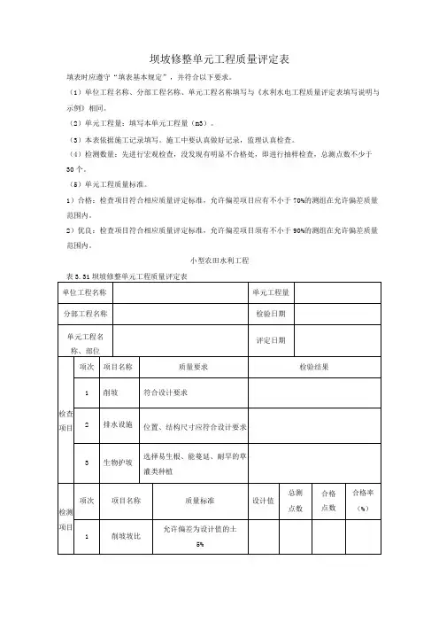 坝坡修整单元工程质量评定表