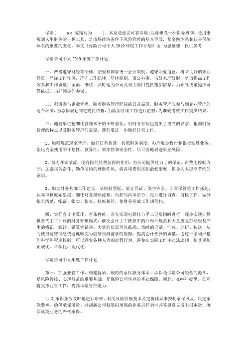保险公司个人2019年度工作计划范文