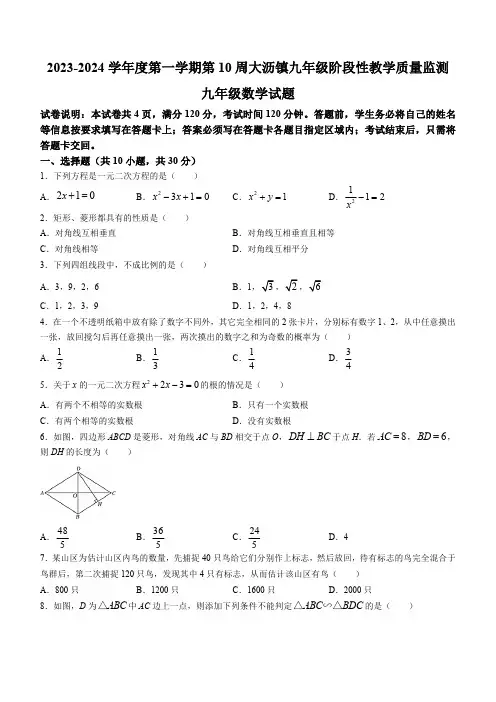 广东省佛山市南海区大沥镇初级中学2023-2024学年九年级上学期期中数学试题(含答案)
