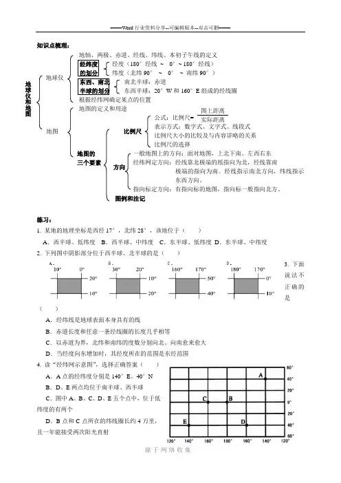 浙教版初一科学上3.2地球仪与地图练习