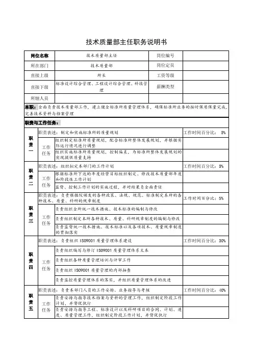 技术质量部主任职务说明书