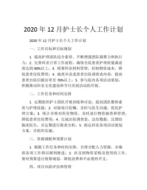 2020年12月护士长个人工作计划