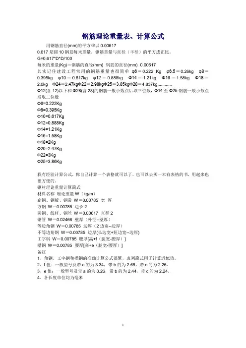 钢筋理论重量表、计算公式