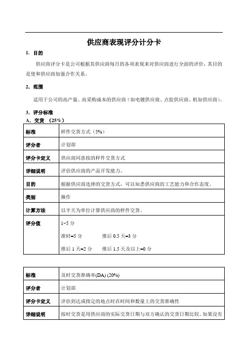 供应商表现评分计分卡 