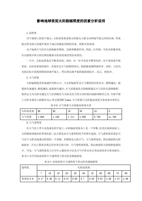 影响地球表面太阳能辐照度的因素分析说明