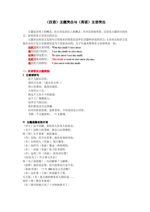 汉语主题说明与英语主语谓语