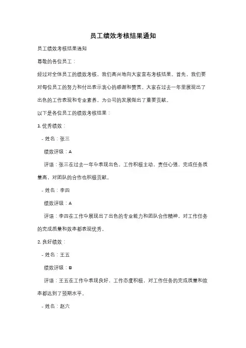员工绩效考核结果通知
