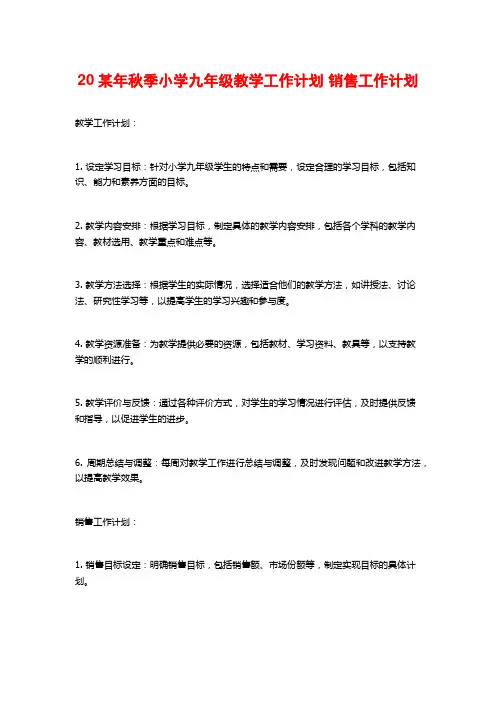 20某年秋季小学九年级教学工作计划 销售工作计划
