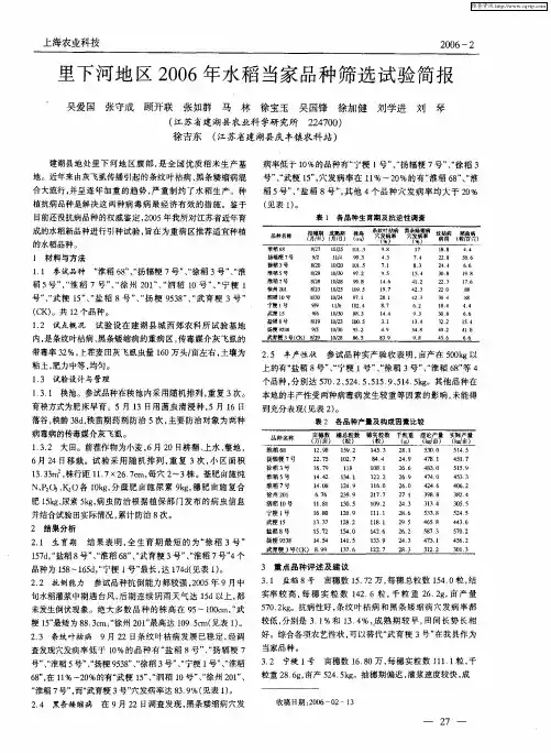 里下河地区2006年水稻当家品种筛选试验简报