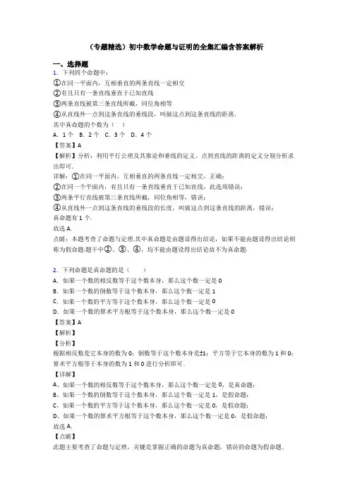 (专题精选)初中数学命题与证明的全集汇编含答案解析
