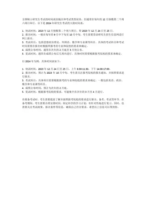 2024年全国硕士研究生考试时间表