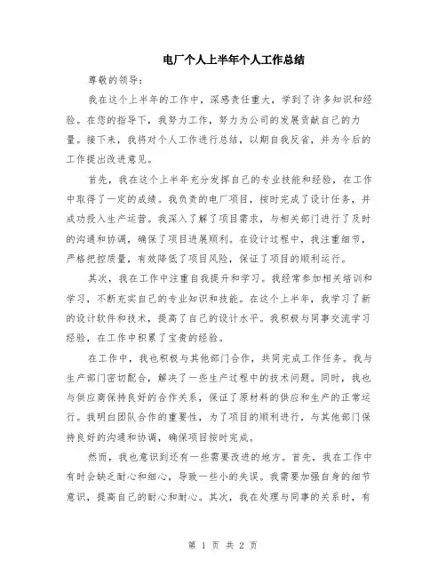 电厂个人上半年个人工作总结