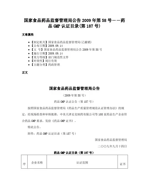国家食品药品监督管理局公告2009年第58号――药品GMP认证目录(第187号)