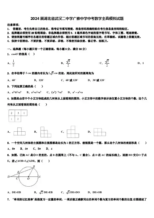 2024届湖北省武汉二中学广雅中学中考数学全真模拟试题含解析