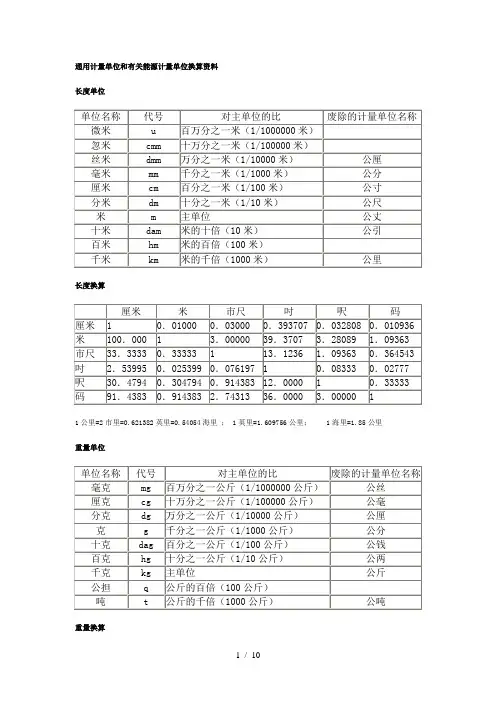 通用计量单位和有关能源计量单位换算资料