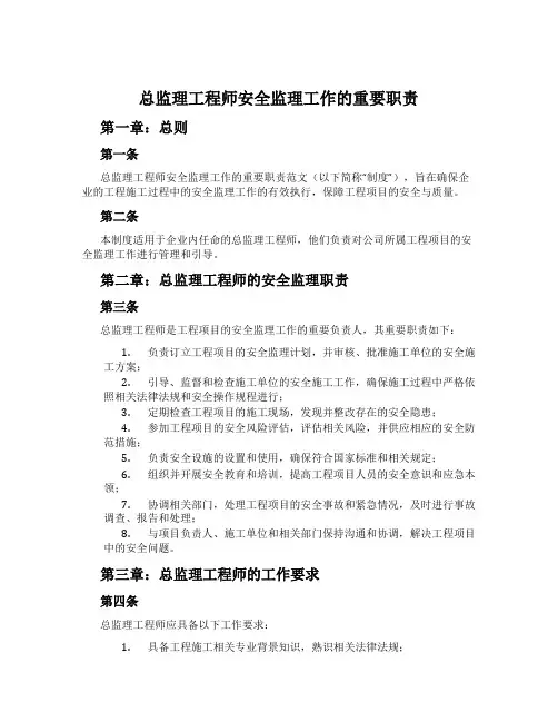 总监理工程师安全监理工作的主要职责