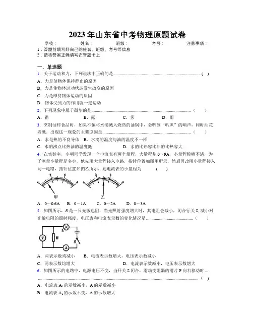 2023年山东省中考物理原题试卷及解析