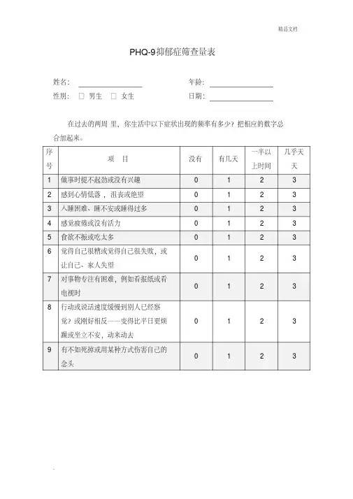 PHQ-9抑郁症筛查量表及计分规则