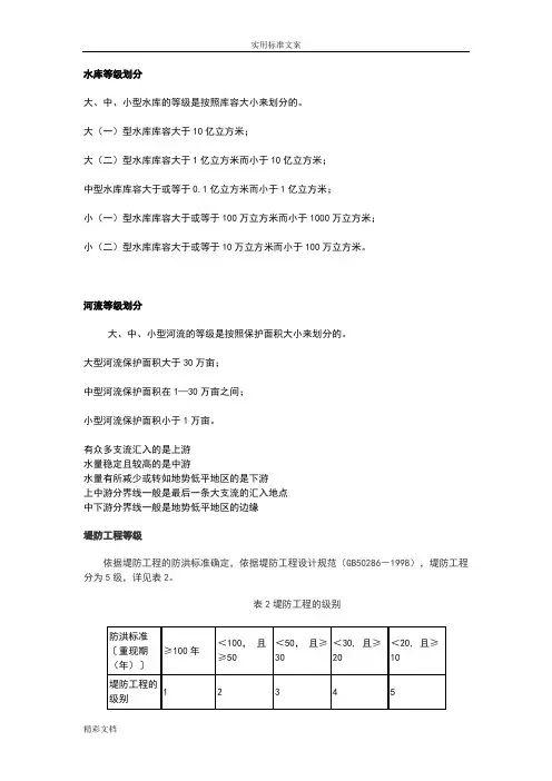 水利水工等级分类、水库等级、河流等级、堤防等级、拦河闸等级、河道等级、渠道等级、降雨量等级
