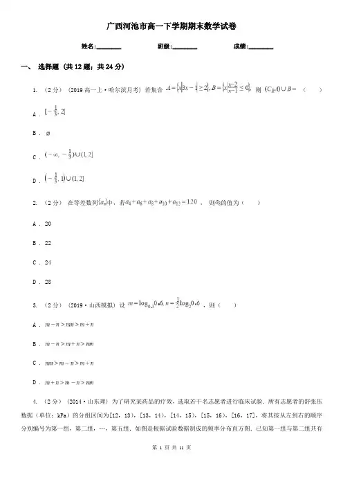 广西河池市高一下学期期末数学试卷