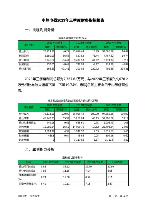 002959小熊电器2023年三季度财务指标报告