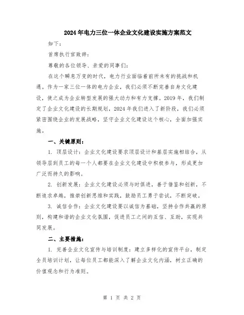 2024年电力三位一体企业文化建设实施方案范文
