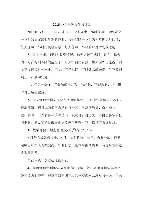 2018小学生暑假学习计划