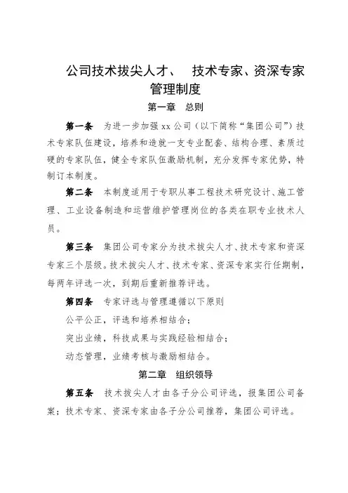 公司技术拔尖人才、技术专家、资深专家管理制度