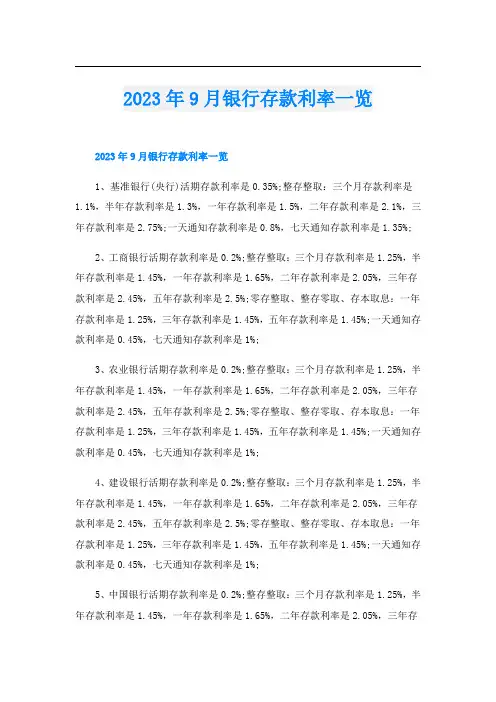 2023年9月银行存款利率一览
