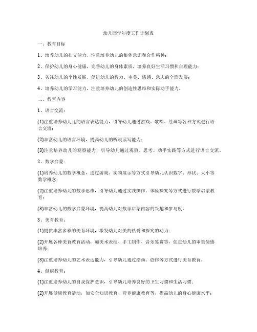 幼儿园学年度工作计划表