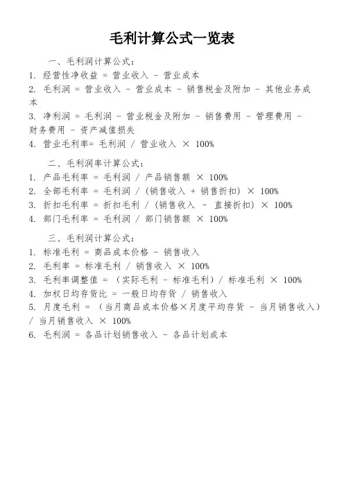 毛利计算公式一览表