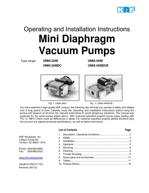 KNF Mini Diaphragm Vacuum Pumps 操作和安装说明书