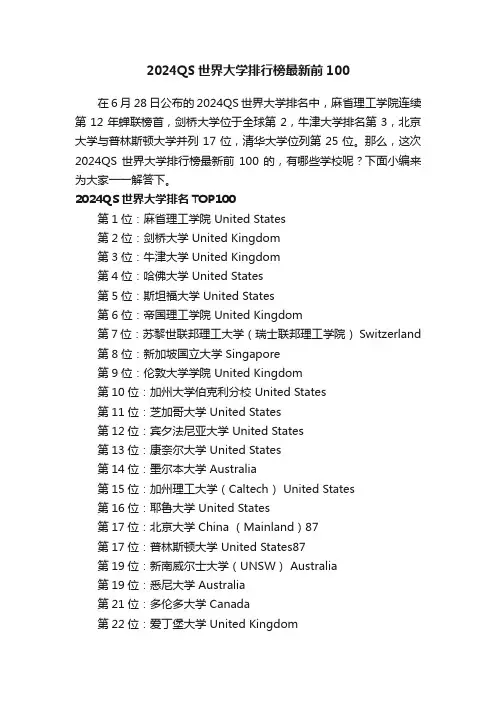 2024QS世界大学排行榜最新前100