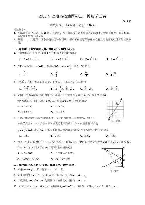 2020年上海市杨浦区初三中考一模数学试卷及答案 Word含解析
