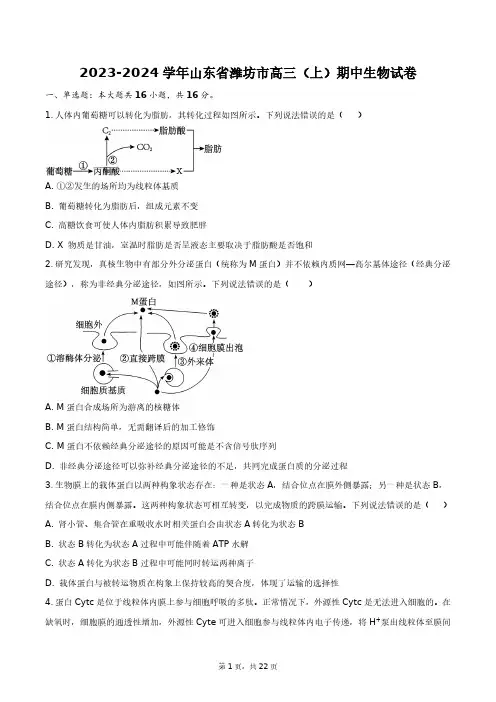 2023-2024学年山东省潍坊市高三(上)期中生物试卷+答案解析(附后)