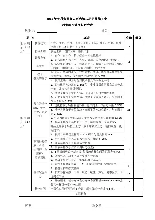 第二季度酒店技能大赛西餐摆台评分表